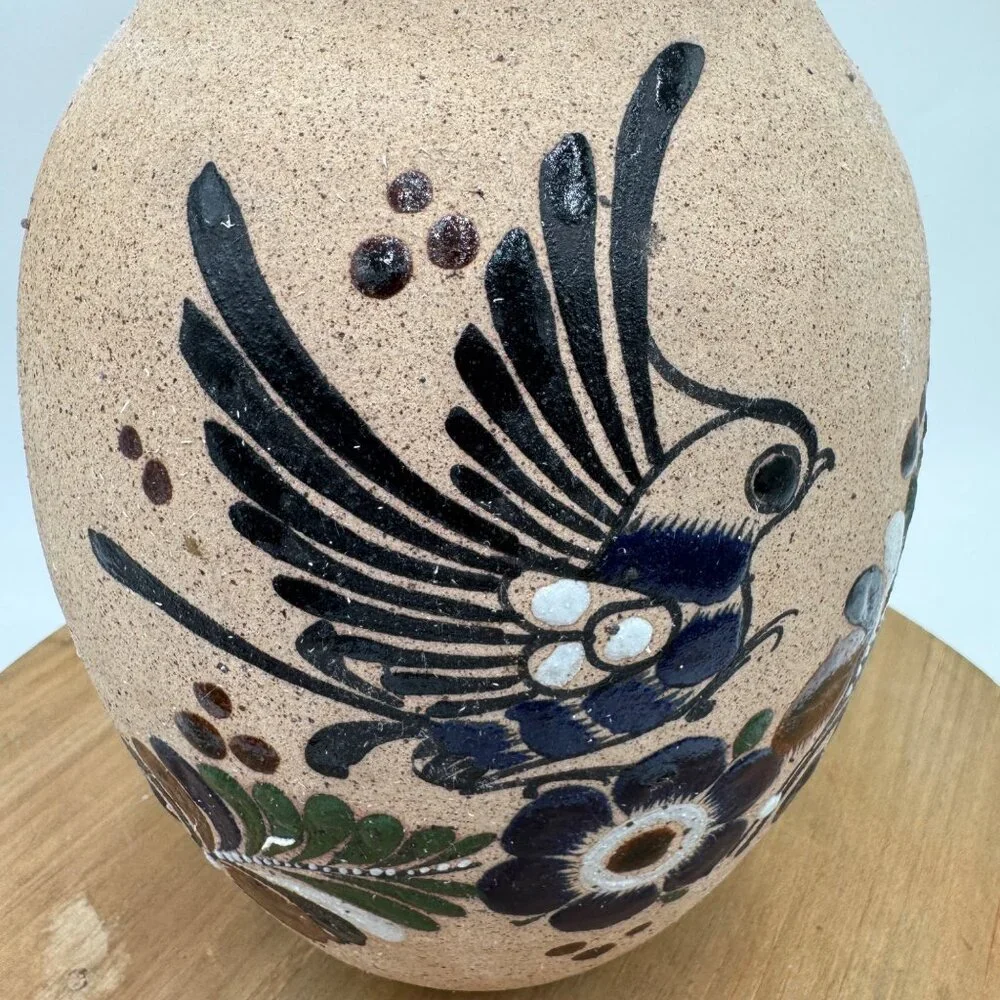Vintage Tonala Bird Flower Vase Pottery Hand Painted Signed neutral color palett